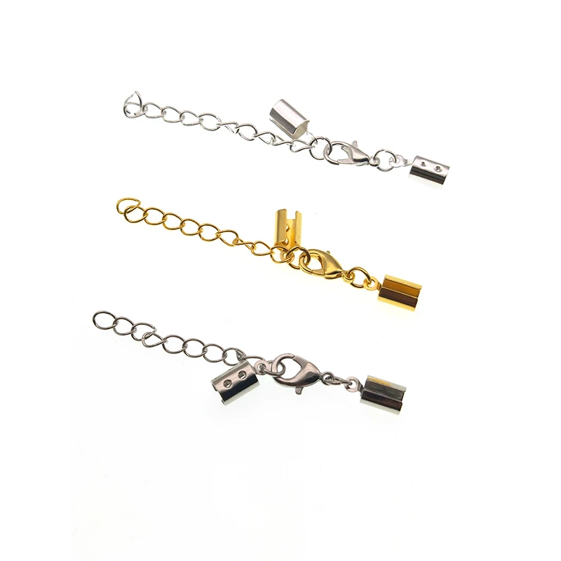 

20pcs End Caps Fasteners fits 4mm leather Cord Crimp Beads with Lobster Clasp Extension Chains DIY Necklace connectors Jewelry