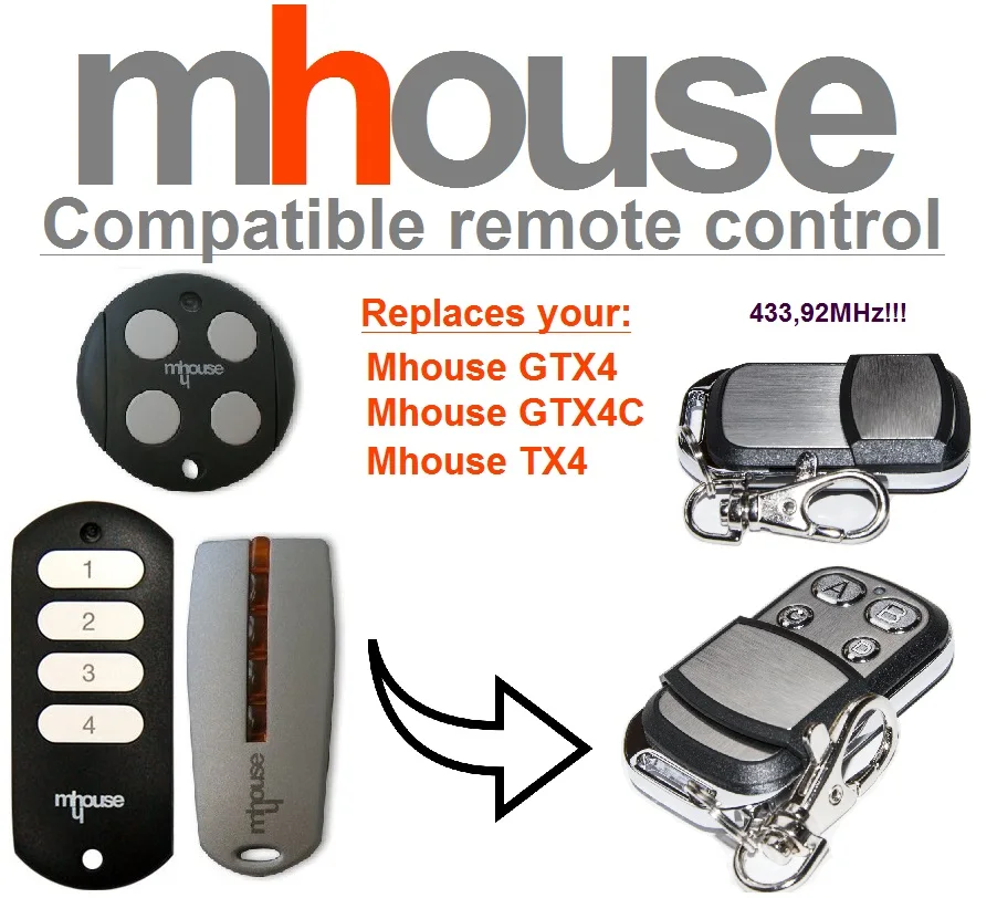 

2PCS For Mhouse TX4 garage door remote control duplicator 433.92Mhz Rolling code free shipping