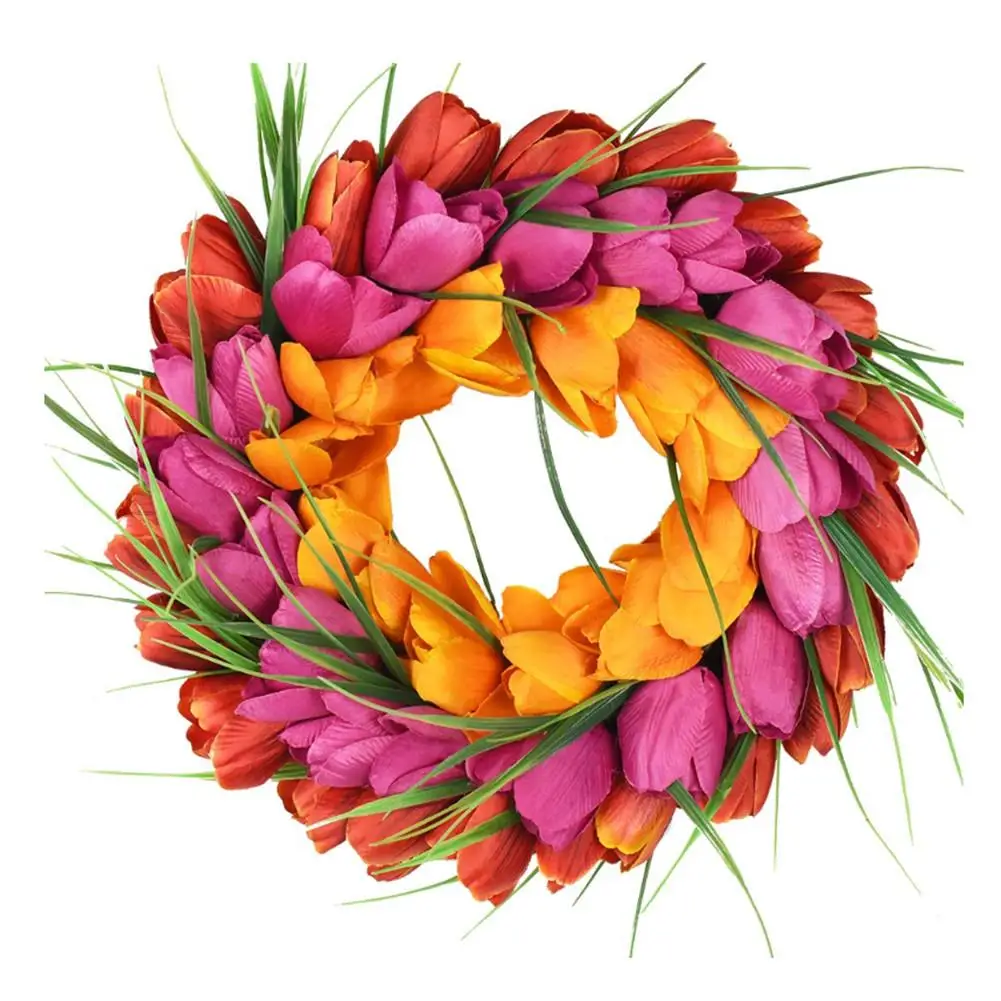 

Artificial Flower Wreath Pink Tulip Front Door Round Spring Wreath Home Decor for Window Wall Party Wedding Hanging Decorations