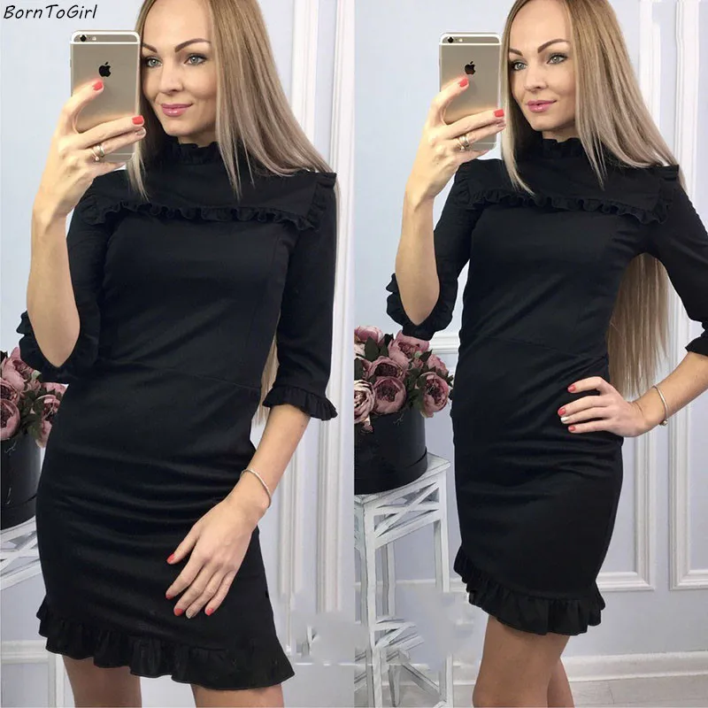 

BornToGirl Slim Ruffles Pencil Dress Women Autumn Winter 3/4 Sleeve O-neck Black Dress robe femme 2019