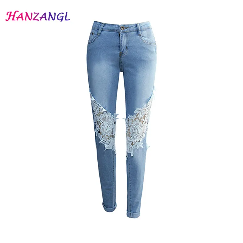 New Women s hollow out lace ladies jeans Female Slim denim pants jeans HANZANGL Elasticity low
