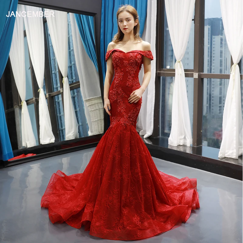 

J66776 jancember red mermaid wedding party dresses long off the shoulder appliques evening gown brush train sukienki wieczorowe