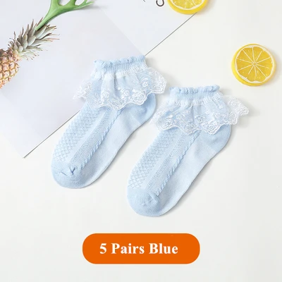 5 пар/партия, носки для девочек новые летние хлопковые тонкие носки в сеточку для малышей модные эластичные белые кружевные детские носки принцессы с цветами - Цвет: 5 B