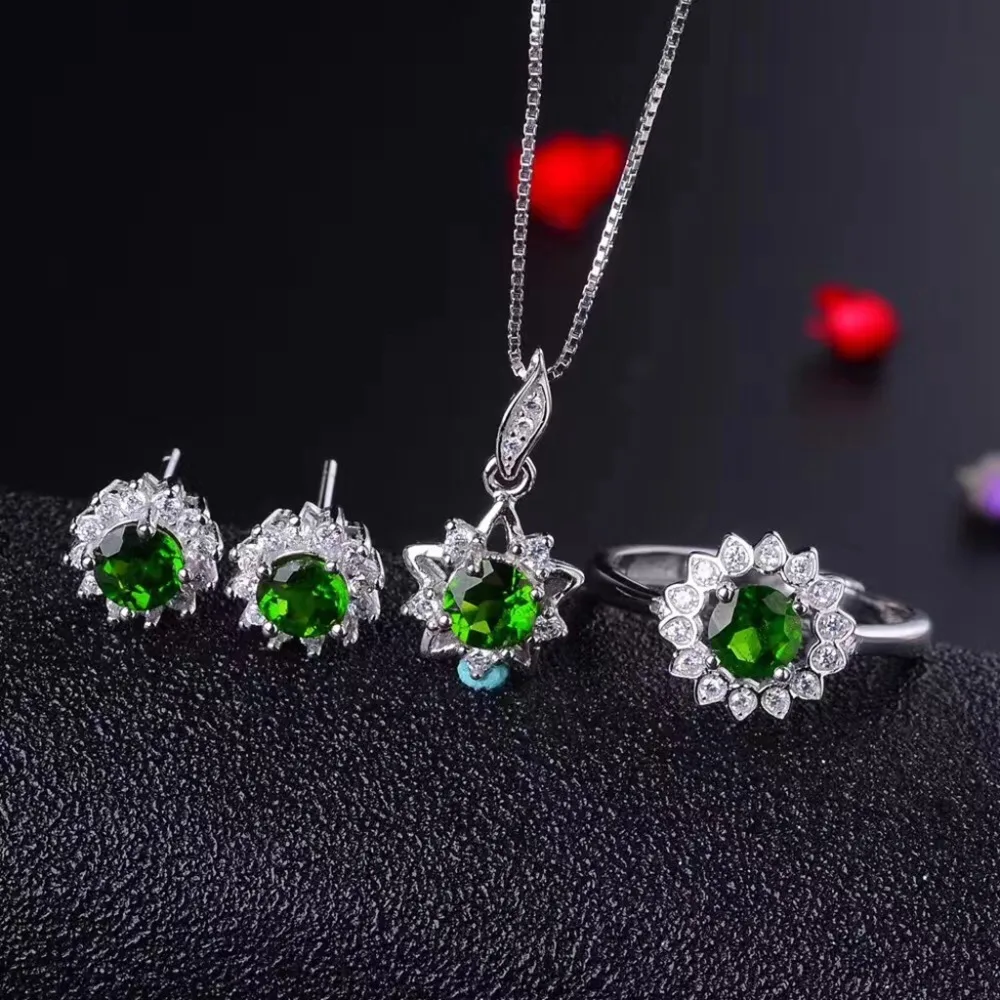 

925 Sterling Silver Green Diopside Jewelry Set Necklace Earrings and Ring Natural Stone Adjustable Size for Women Birthday Gift
