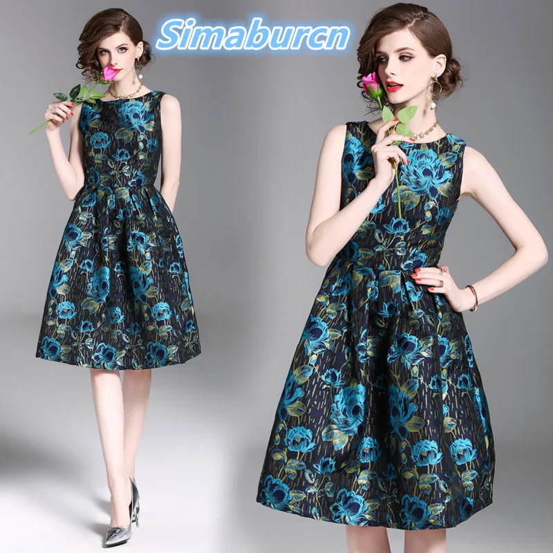 

2018 Top Quality Gold Jacquard Summer Dress Women Sleeveless Vintage Office Femme Temperament Robe Casual A Line Dresses Clothes