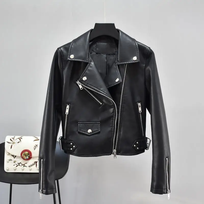 FTLZZ, новинка, женские осенние черные Куртки из искусственной кожи, пальто на молнии для женщин, искусственная кожа, мотоциклетная панк куртка с заклепками, красная, желтая кожаная верхняя одежда - Цвет: Black