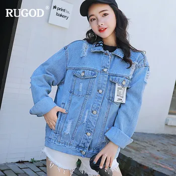 

RUGOD New Letter Embroidery Collar Long Sleeve Denim Jacket Women Autumn Casual Ripped Hole Cowboy Jean Jacket Basic Coat Befree