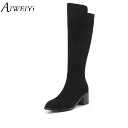 AIWEIYi/женская зимняя обувь; высокие сапоги до колена; Брендовая женская обувь из замши высокого качества; теплые зимние сапоги на меху;