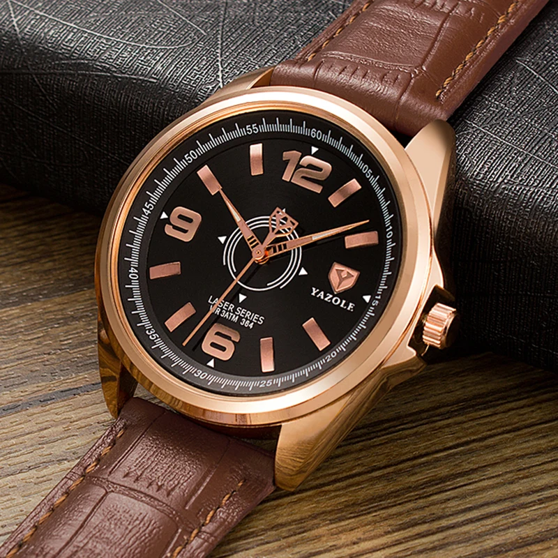Мужские наручные часы Yazole Новые Роскошные Кварцевые с синим циферблатом кожаные