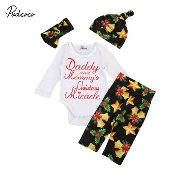 

Newborn Baby Girls Infant Christmas Floral Clothes Set Kids Cotton Long Sleeve Tops Romper Leggings Pants Hat 4Pcs Clothing Sets