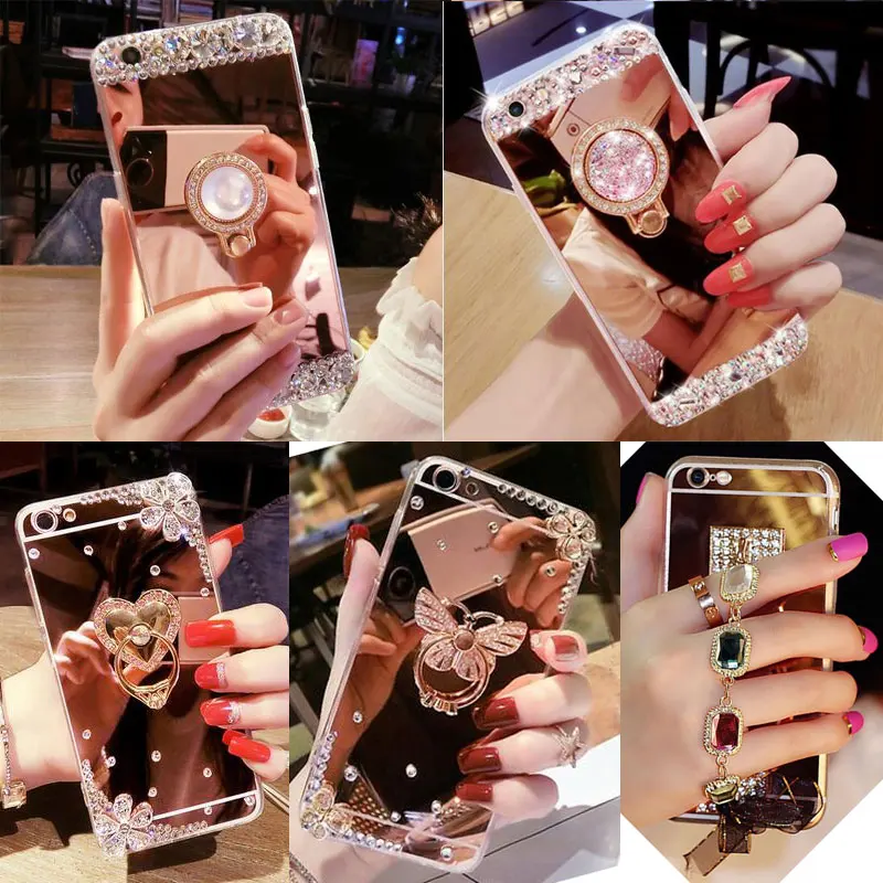 

For Samsung Galaxy J4 J6 J8 2018 J7 Plus A3 2016 2017 Note 5 8 9 G530F Silicone Mirror Soft Rhinestone case Diamond Ring Cover