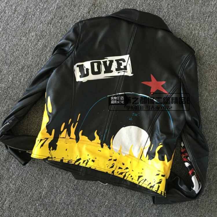 Chaqueta de cuero genuino pintada a mano de para mujer con estampado caliente chaqueta cuero de oveja natural corta para mujer envío jacket women|jacket fashion womenjacket women - AliExpress