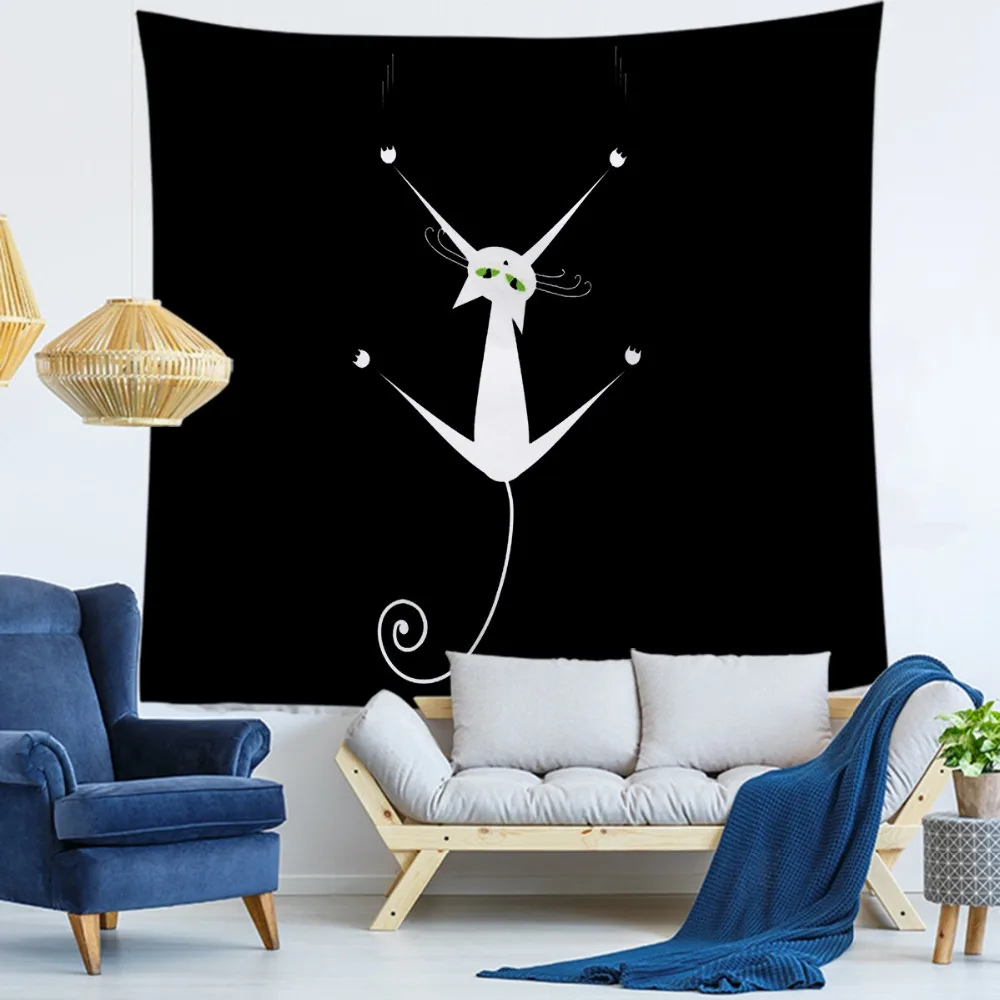 

Home Decorative Wall Hanging Carpet Tapestry Rectangle Bedspread Black White Cartoon Cat Pattern GT1321