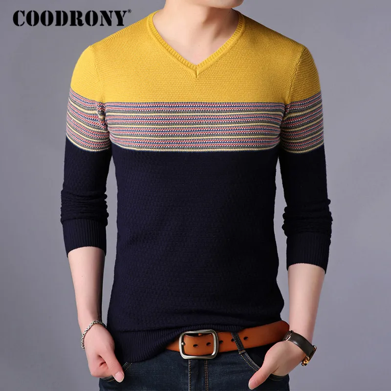 COODRONY свитер мужской уличная мода полосатый трикотаж осень зима хлопок шерстяной пуловер для мужчин Slim Fit v-образным вырезом Pull Homme 91027 - Цвет: Тёмно-синий