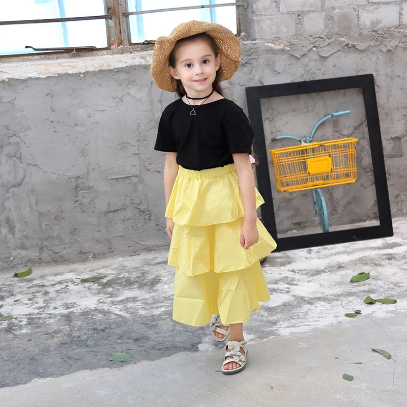 

Little girl dress dress new cotton short-sleeved T-shirt cake skirt suit Leaked shoulder two-piece baby girl 2-9y Children wear