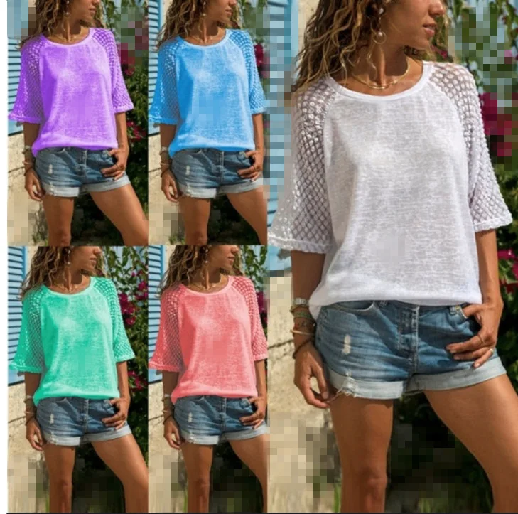 Женские рубашки, Летняя туника, повседневные топы, свободные футболки с круглым вырезом, одноцветная футболка с коротким рукавом размера плюс 5XL, топ белого и розового цвета