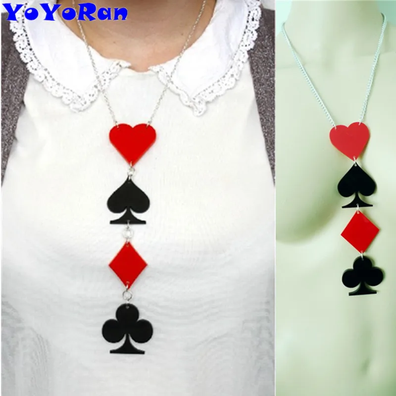 

YOYORan fashion acrylic poker card pendant necklace long chain red heart geometric charm necklace jewelry poker card hangle