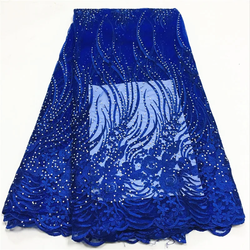

2018 Latest Royal Blue African French Net Lace Fabric High Quality Nigeria Mesh Lace Fabrics With Stones For Women Party HXA2-1