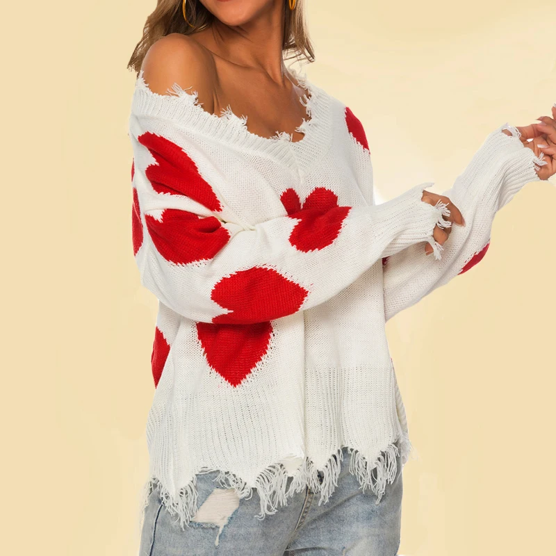 

Sweaters women Winter Pullover 2019 Autumn jumpers knitted fashion Women white Burr Pullover sexy V-neck love print sweater