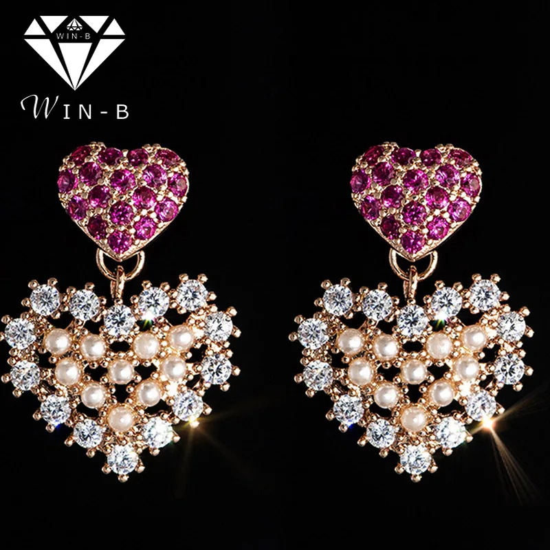 

WIN-B Rose crystal Earrings Alloy Inlay Zircon Rhinestone Classical Heart Shape elegant pearl Lady Dangle Earring Jewelry