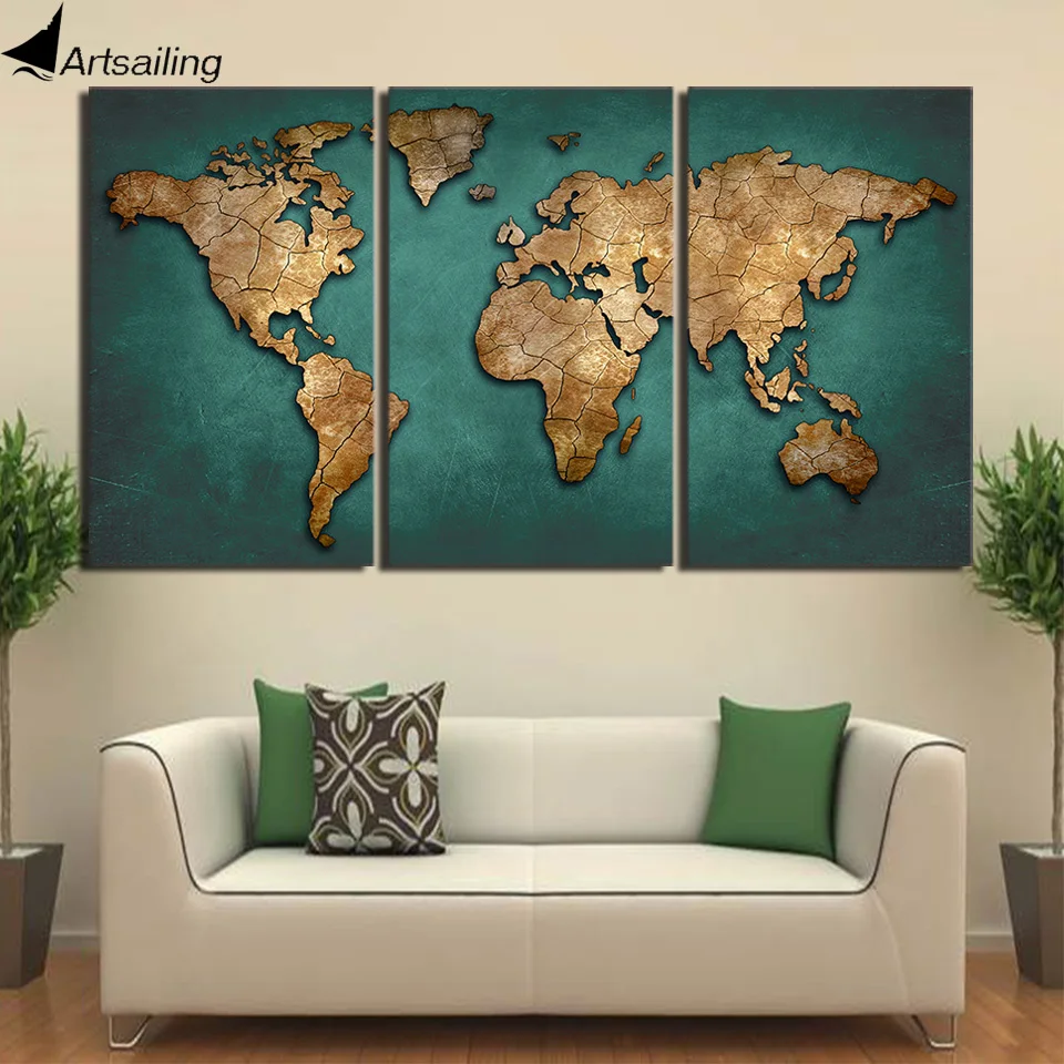 HD Printed 3 Piece Canvas Art World Map Canvas Painting Vintage Continent Wall Pictures for Living Room Home Decor Free Shipping