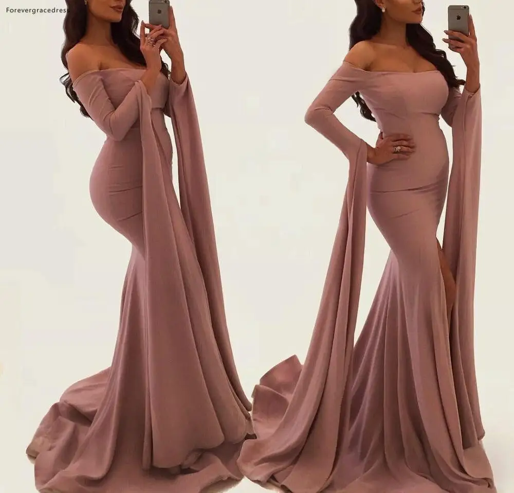 

Mermaid Long Sleeves Evening Dresses 2019 Latest Saudi Arabia Dubai Off Shoulder Holiday Wear Formal Party Prom Gowns Plus Size