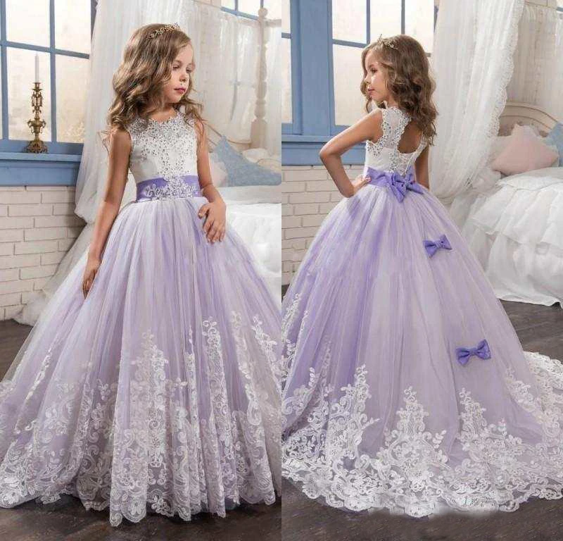 

2019 Beautiful Purple and White Flower Girls Dresses Beaded Lace Appliqued Bows Pageant Gowns for Kids Wedding Party