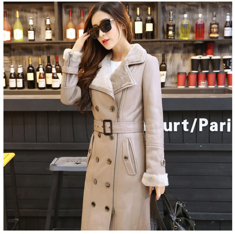 Nouveau 2018 Double Survêtement Veste Streetwear De face Long Femmes Véritable Mérinos Parka Cuir 1 Manteau Capot Réel Fourrure Moutons En D'hiver rrdwg
