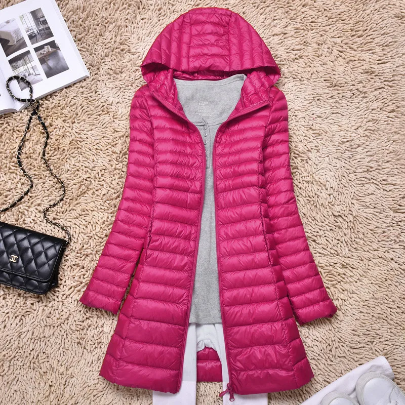 Beste Sanishroly S 6XL 2018 Vrouwen Capuchon Midi Lange Ultra Licht Down Jas Parka Dames Witte Eendendons Bovenkleding Plus Size SE299