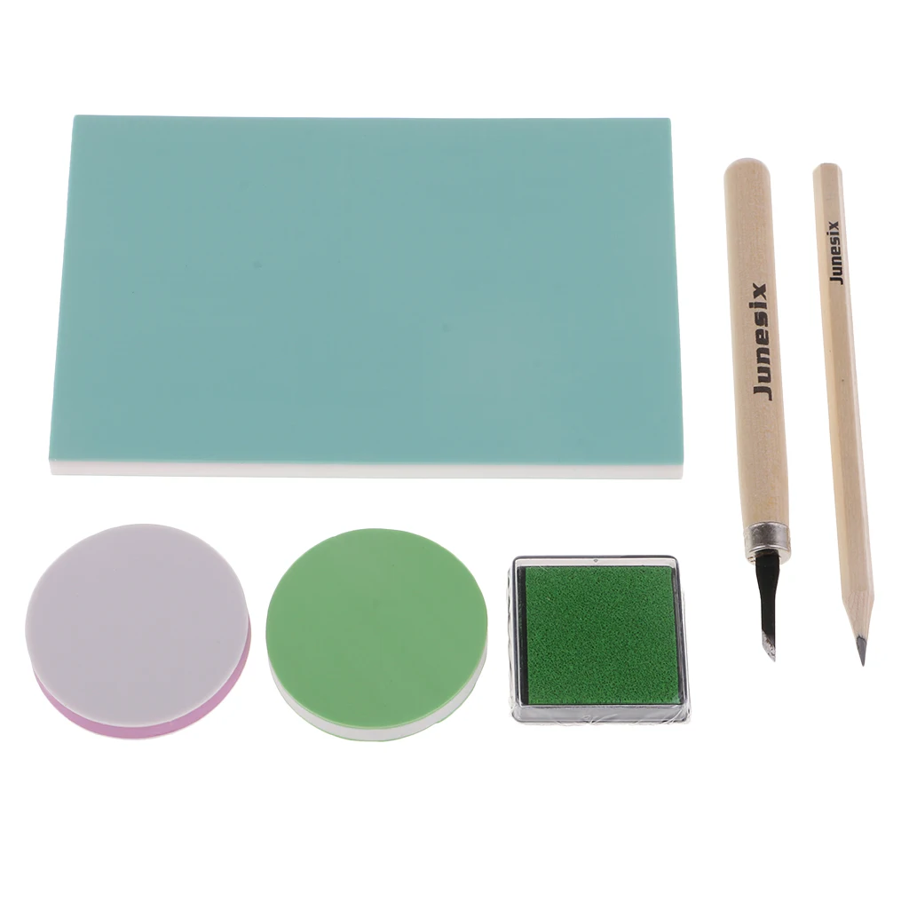 6 Pieces/set Rubber Stamp Block Carving Kit Art Chisels Tool Ink Pad for Scrapbook Cards Making DIY Stamps Craft