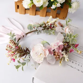 

fashion pink flower garlands bow head hoop wreath women children headbands holiday headdress