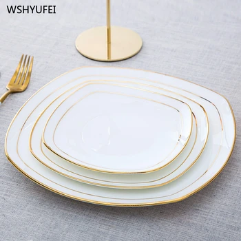 

Direct bone china gilt plate dish creative pure white steak Western dish European household ceramic tableware square plate