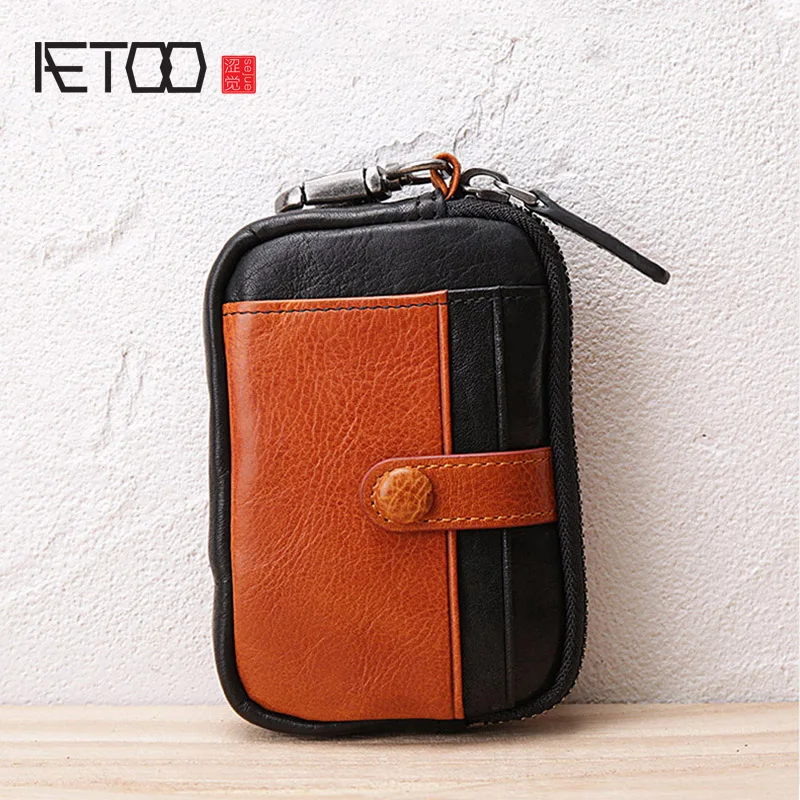

AETOO Retro hit color male lady Leather key bag multifunctional Baotou layer cowhide driver's license bag