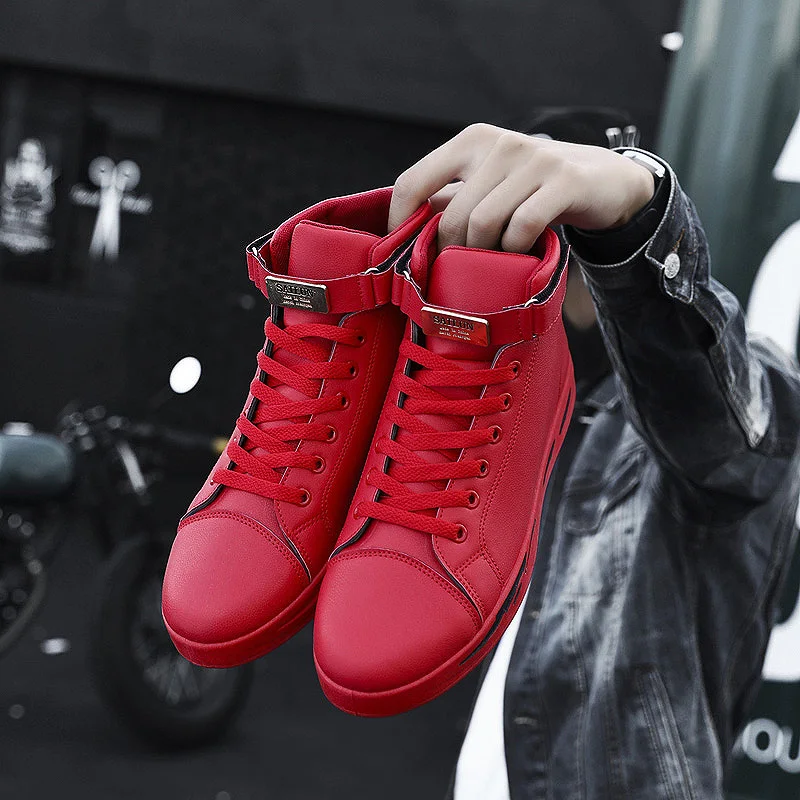 

Black Red Men Lace Up Ankle Boots Flats Shoes High Top Leather Casual Shoes Men's Vulcanize senakers Walking Shoes