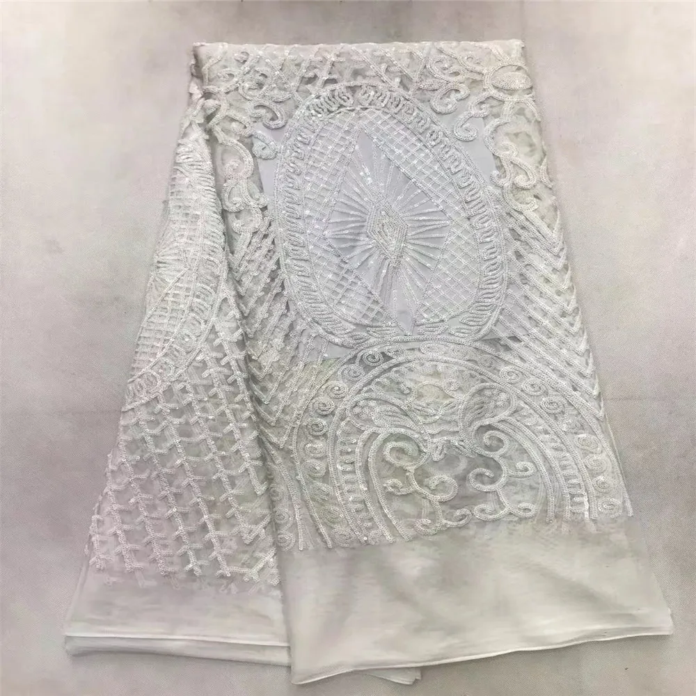 

Newest arrival Beautiful French Sequins lace fabric Twisted line sequins Fashionable bright African lace fabric White B10-2