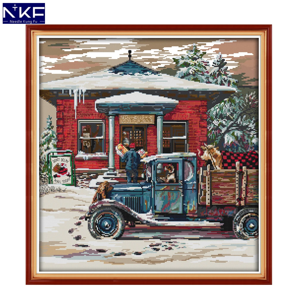 

NKF Christmas Post Office Stamped Cross Stitch DIY Kits Needlework Embroidery Set Chinese Cross Stitch for Home Decor