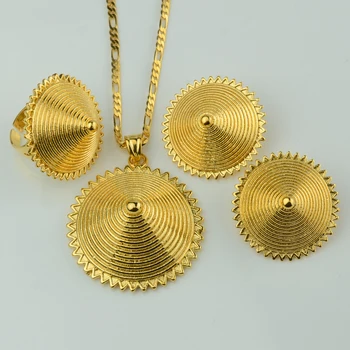 

Anniyo Ethiopia Set Jewelry Gold Color Pendant Chain/HEAVY Earrings/Ring African Eritrea Bride Wedding for Women #081606