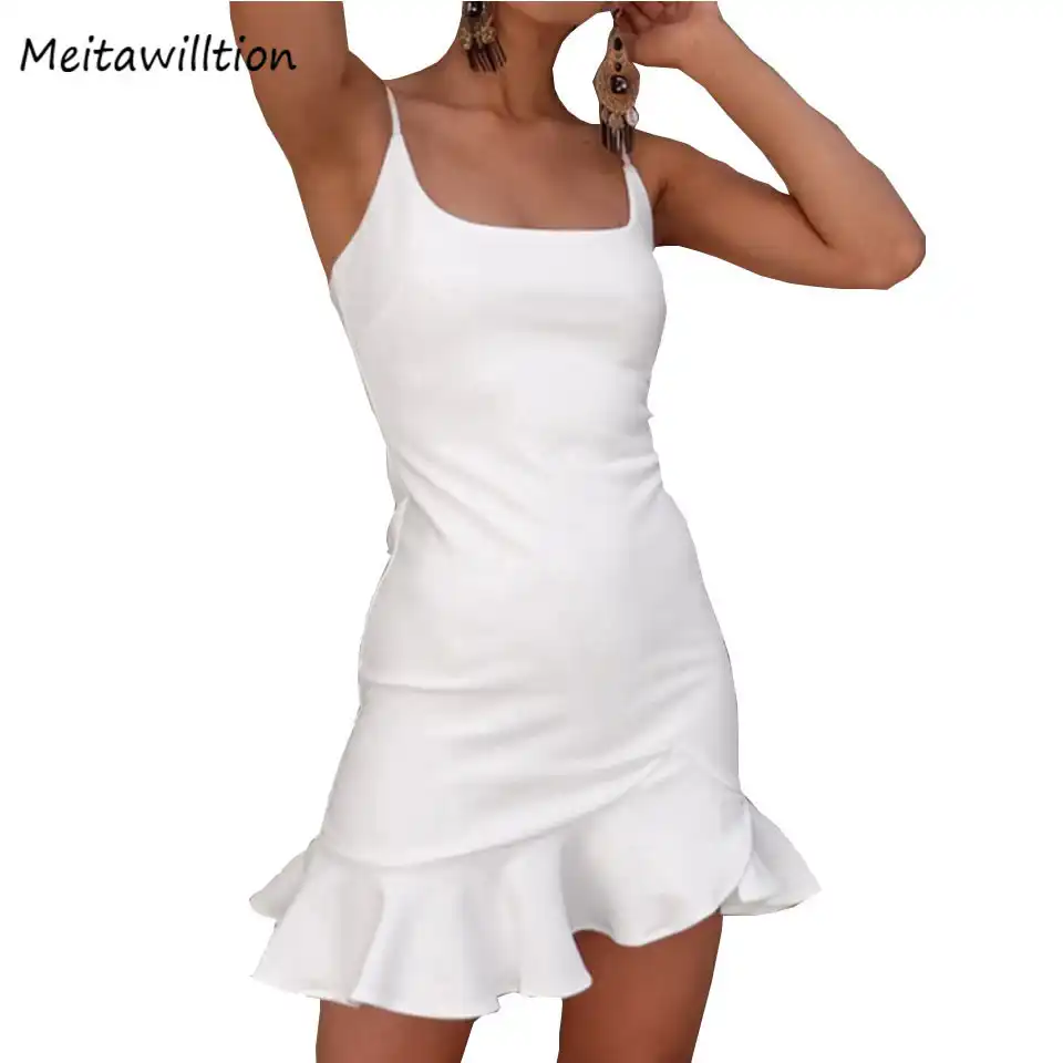 white fitted spaghetti strap dress