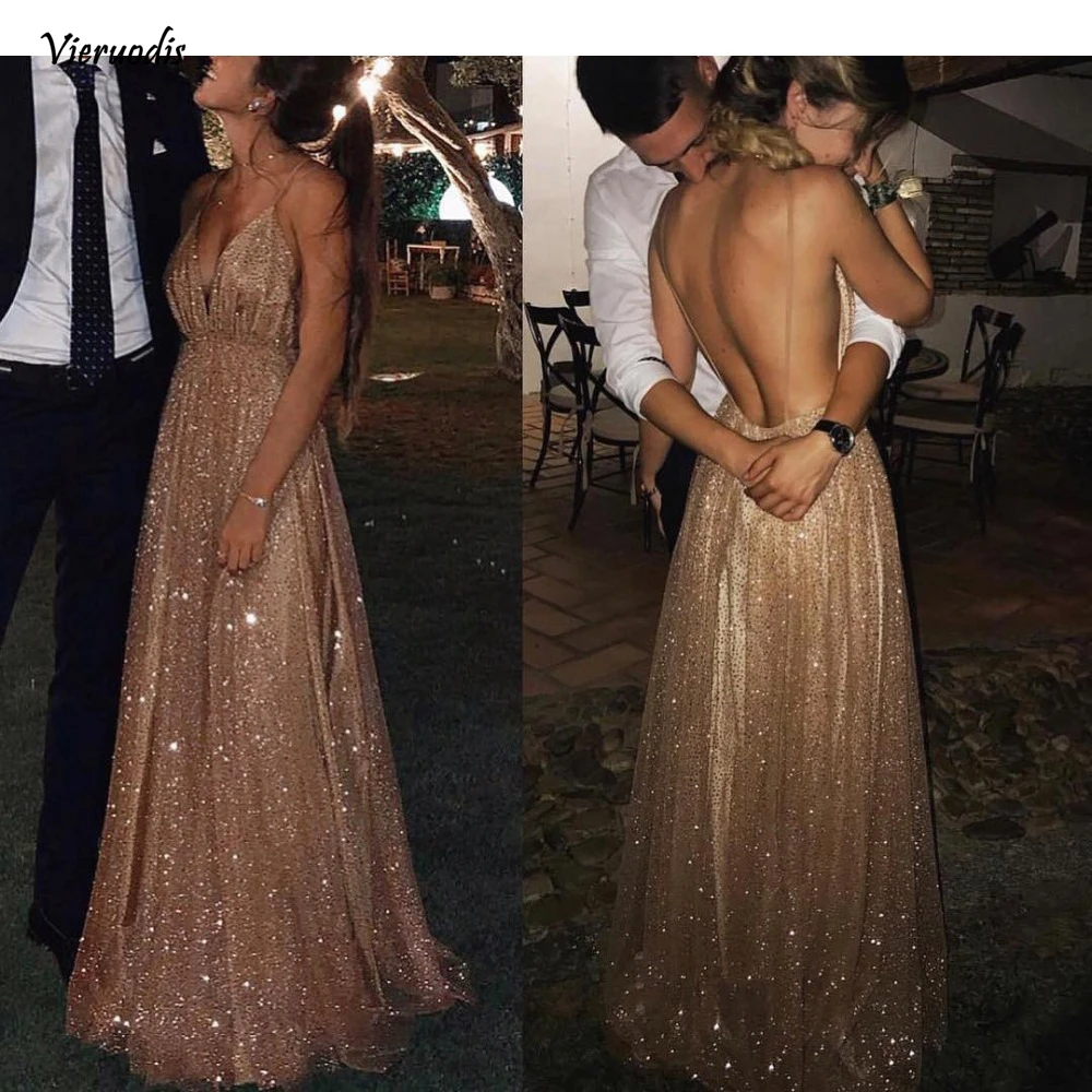 

Sexy Spaghetti Straps Deep V-Neck Prom Dresses 2019 Gold Sequin Sparkly Evening Dress Backless Formal Party Gowns Custom