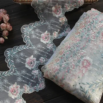 

18cm 7.08"-2yards/lot DIY Craft Embroidered Floral Tulle Lace Trim in Ivory+Pink+Light Green ~ Lace Garden~