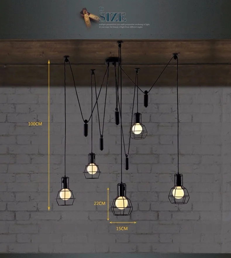 Vintage Retro Loft Adjustable DIY Iron Spider Cage Lamp Light Pendant Lighting Fixture for Living Room Office Decor E27 220V (6)