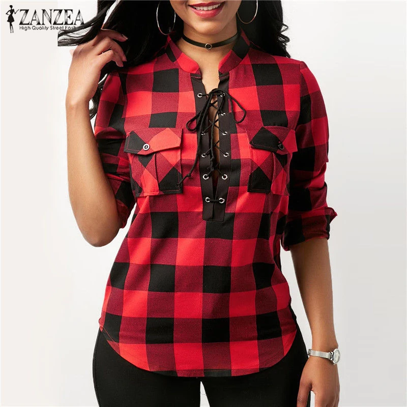 Skup ZANZEA 2018 Moda Stanąć Kołnierz Slim Fit Party Shirt Kobiety Sexy Skinny Klub Topy Rocznika Wyboru Kratę Z Długim Rękawem Lace Up Bluzka