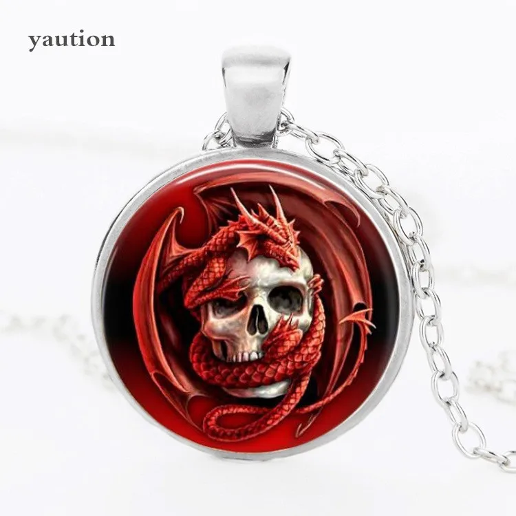 

3 colors Red dragon glass pendant necklace personality skull pendnat Vintage Art Photo necklace jewelry wholesale