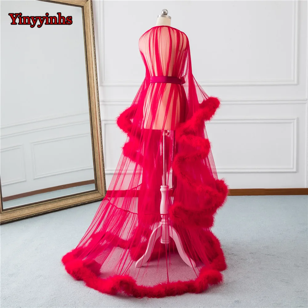 Свадебный будуар халат красный перо отделка невесты Sheer Тюль Иллюзия длинный день рождения платье с отделкой плюшем костюм платье для