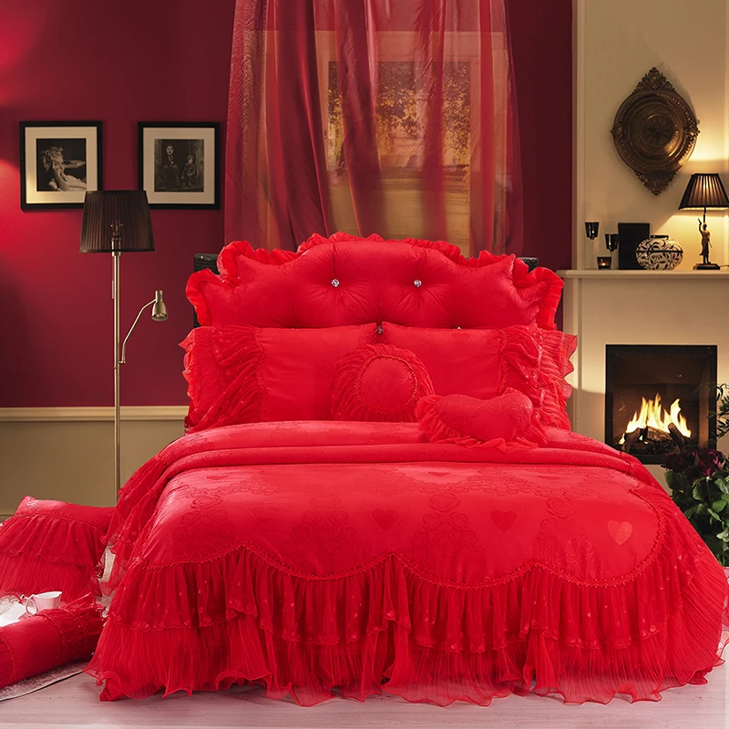 Роскошные из хлопка для крема, красное, розовое, фиолетовое кружево постельных принадлежностей одеяло, покрывало на кровать, юбка подушки Чехол 4/6/8 шт. в партии, для кровати king/queen для очень больших и больших стандартных