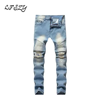 

2019 New Men's jeans Zipper Stretch Fashion Light blue Hole Large size Zipper Straight Denim trousers More Size 28-38 40 42