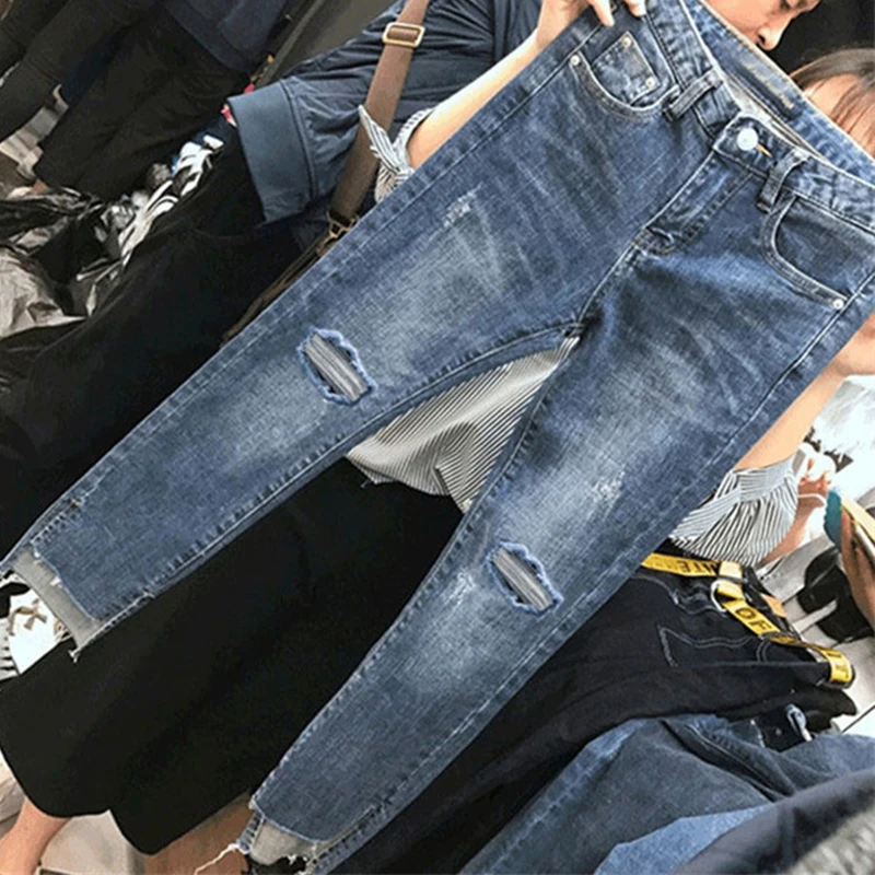 Holes jeans women female puls size loose pants street wear washed jeans 9N36