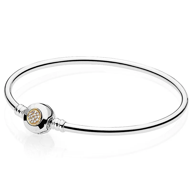 

New 925 Sterling Silver Bangle MOMEMTS Two-Tone Signature Snake Chain Bracelet Bangle Fit Women Bead Charm Diy Fine Jewelry