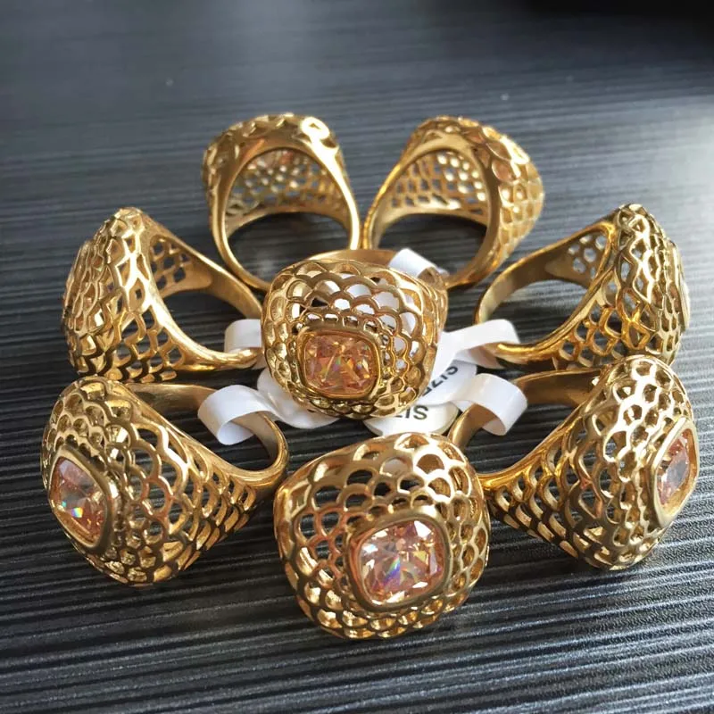 

Hollow Snake Jewelry Gold Color Stainless Steel Ring Women US Size 6#, 8#,9# with CZ