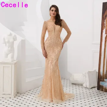 

2019 New Gold Beaded Mermaid Arabic Women Luxury Evening Dresses With Long Sleeves Illusion Dubai Women Social Occasion Gowns